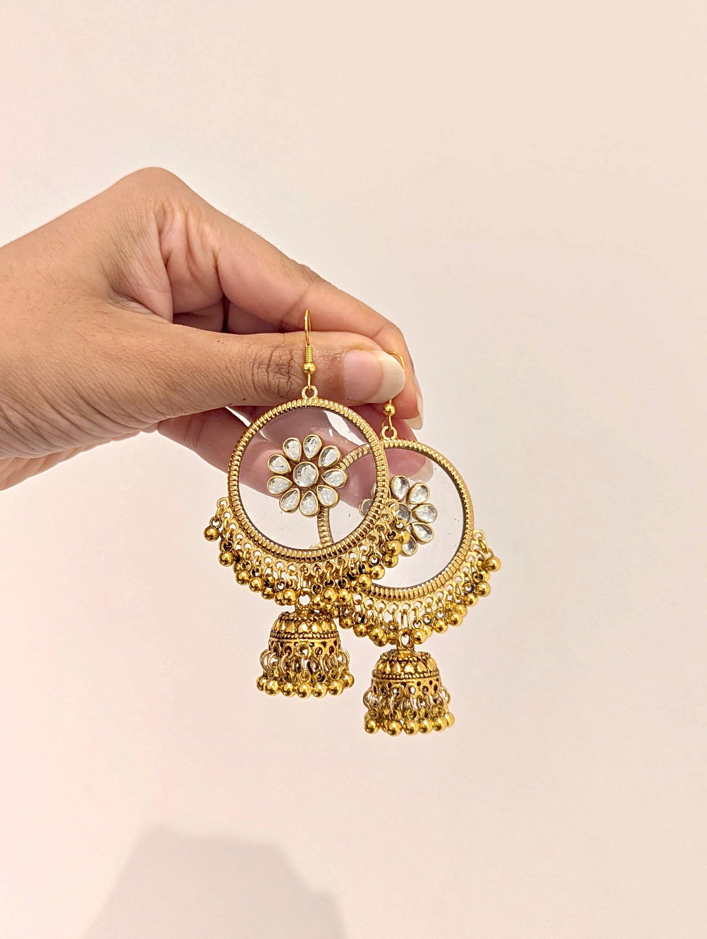Kundan flower gold jhumka earrings