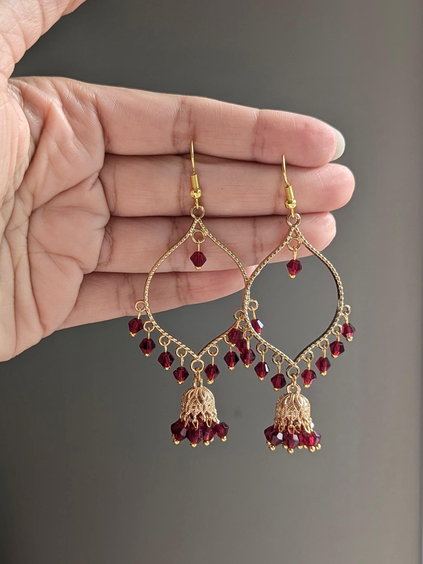 Maroon Jhumki Drop Earrings in Gold