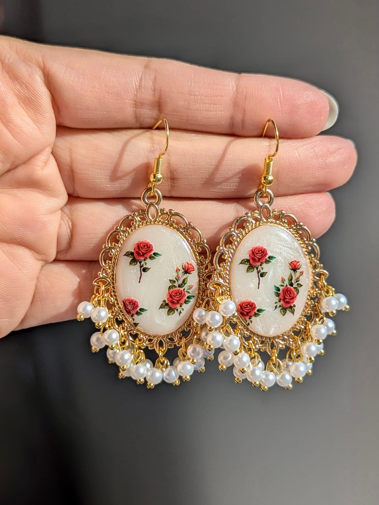 White Pearl Red Roses Earrings