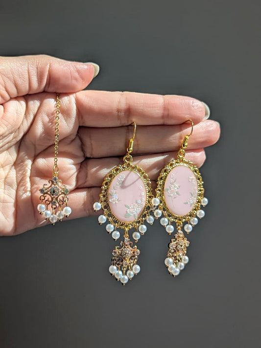 Pink Dainty Drop Earring and Tikka Set