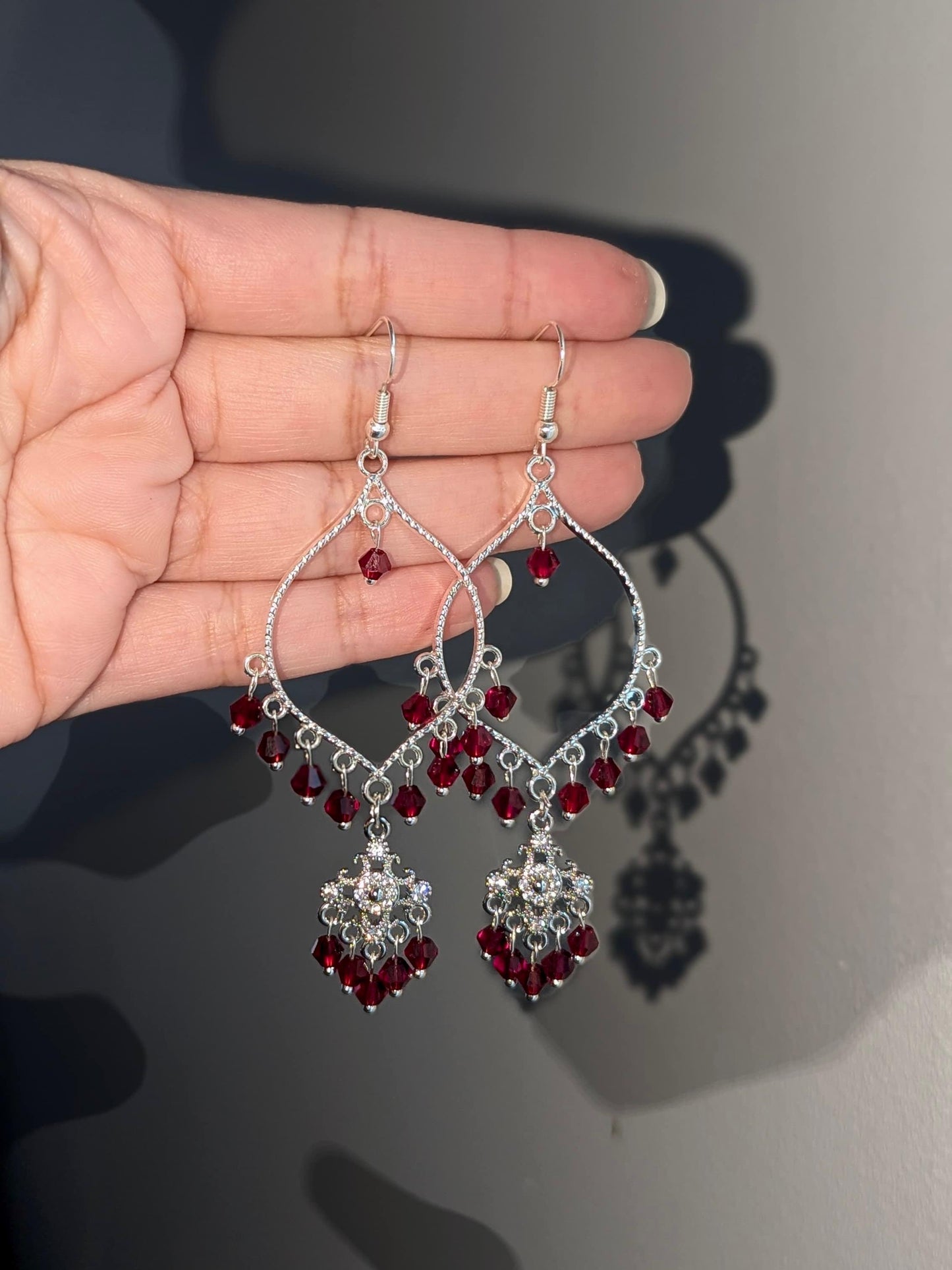 Maroon Dainty Drop Earrings in Silver