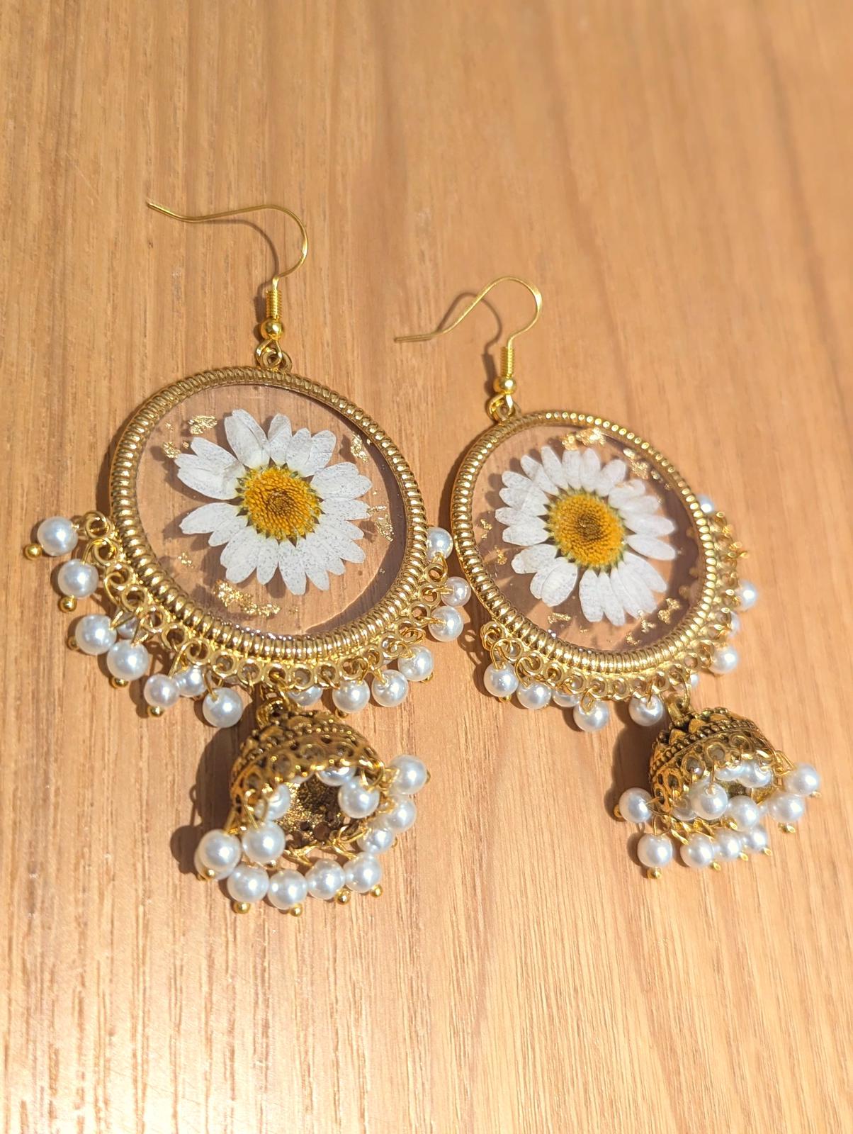 All White Flower Preserved Gold Jhumkas