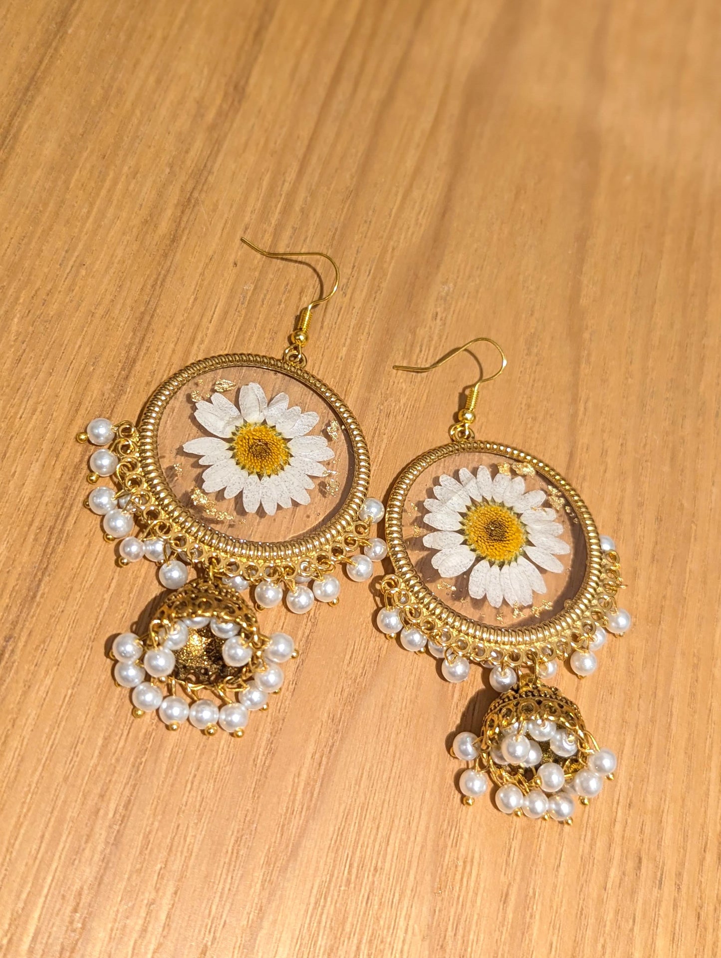 All White Flower Preserved Gold Jhumkas