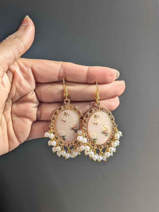 White Pearl Beige Floral Earrings