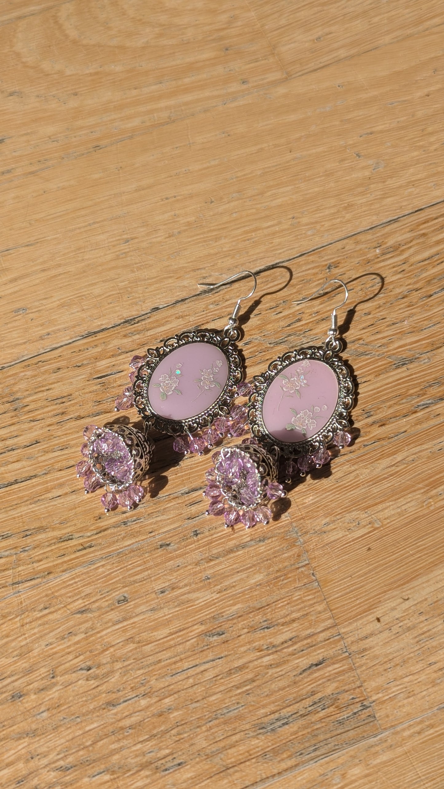 Purple White Flower Jhumka Earrings in Silver