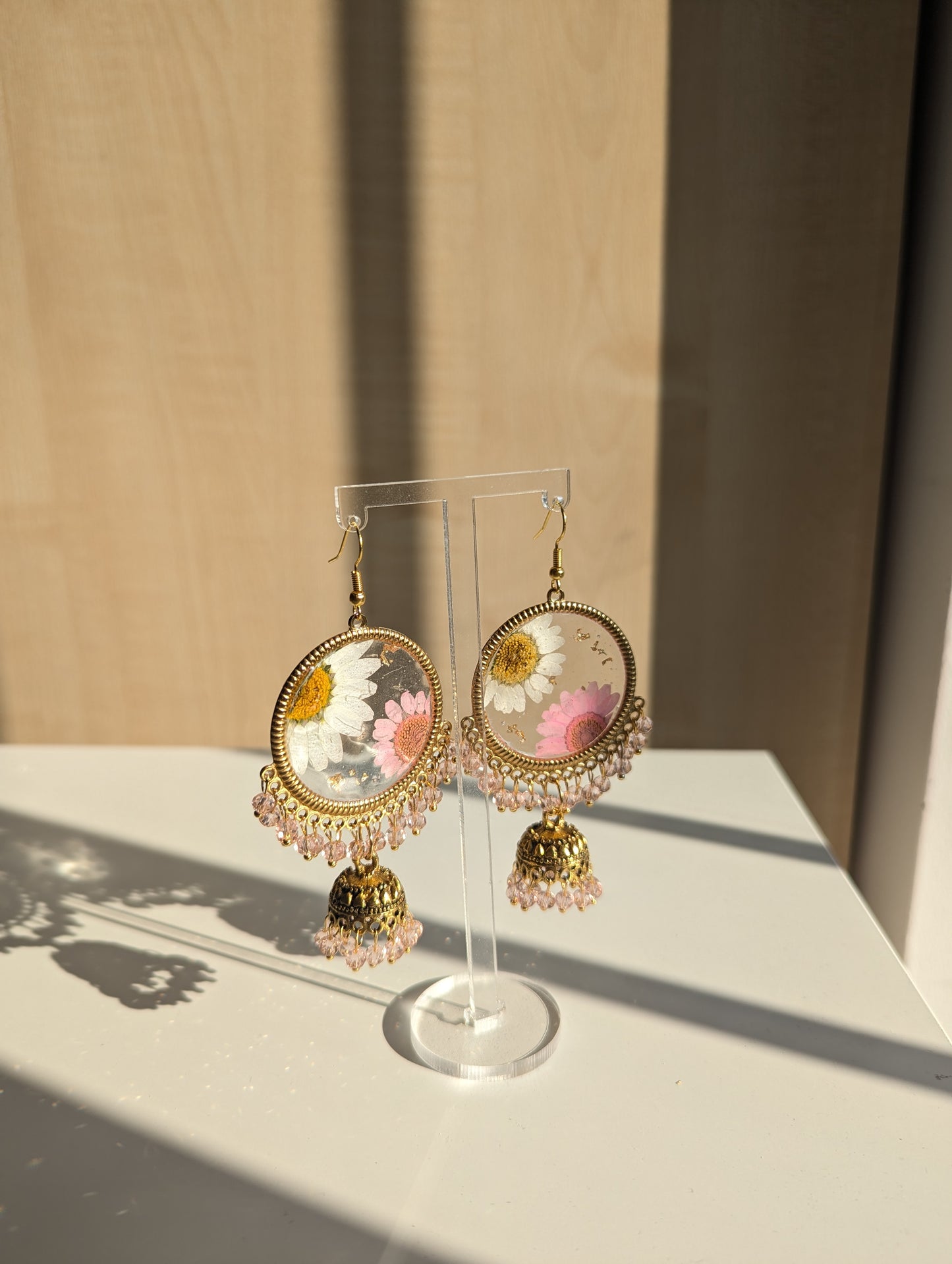 Pink and White Daisy Jhumka Earrings with Gold Flakes