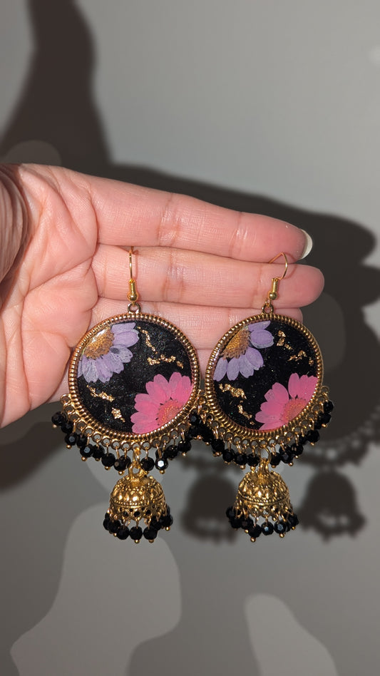 Dreamy Floral Black Jhumkas in Gold