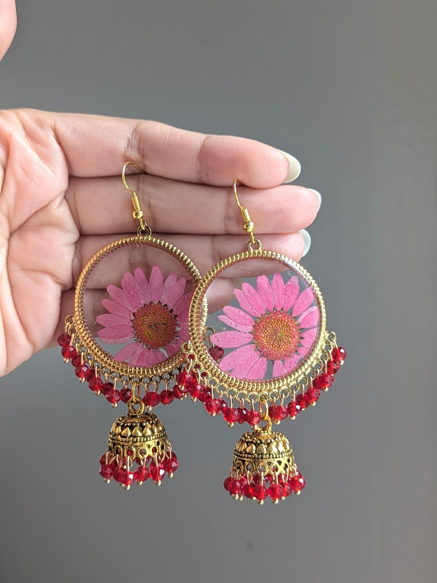 Pink and Red real Flowers Jhumkay in Gold