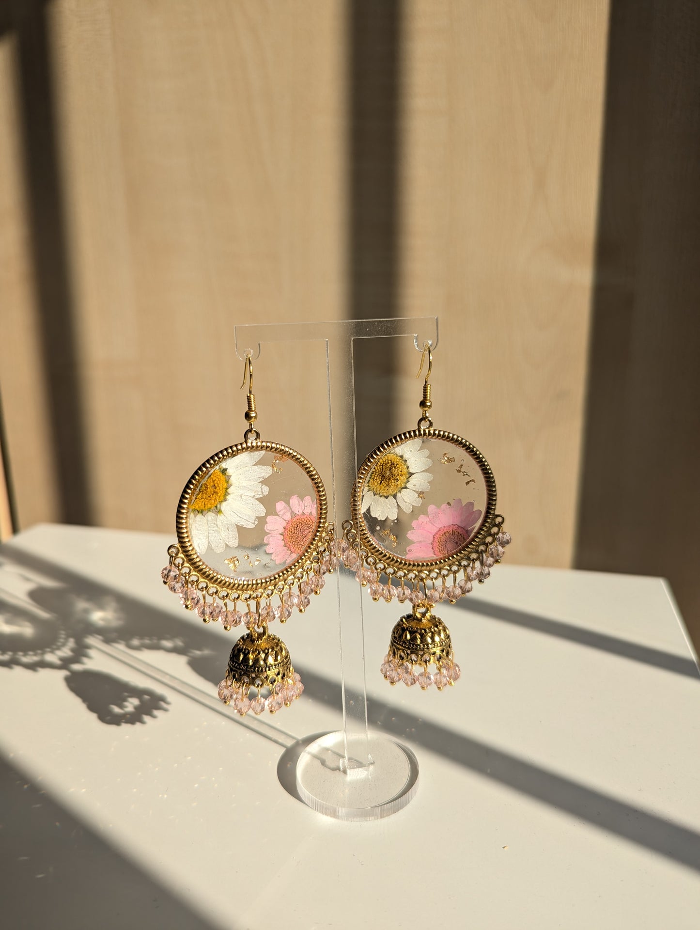 Pink and White Daisy Jhumka Earrings with Gold Flakes