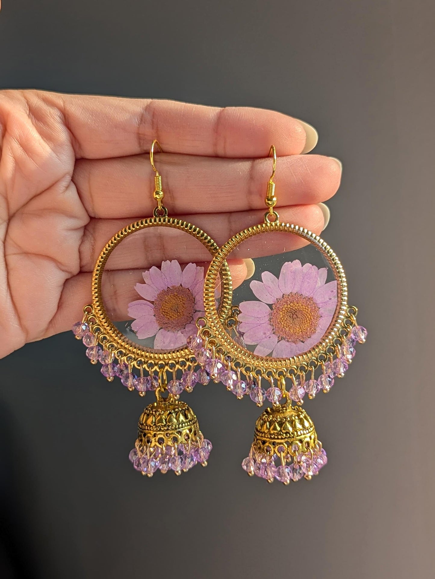 Purple Real Flowers Jhumkay in Gold
