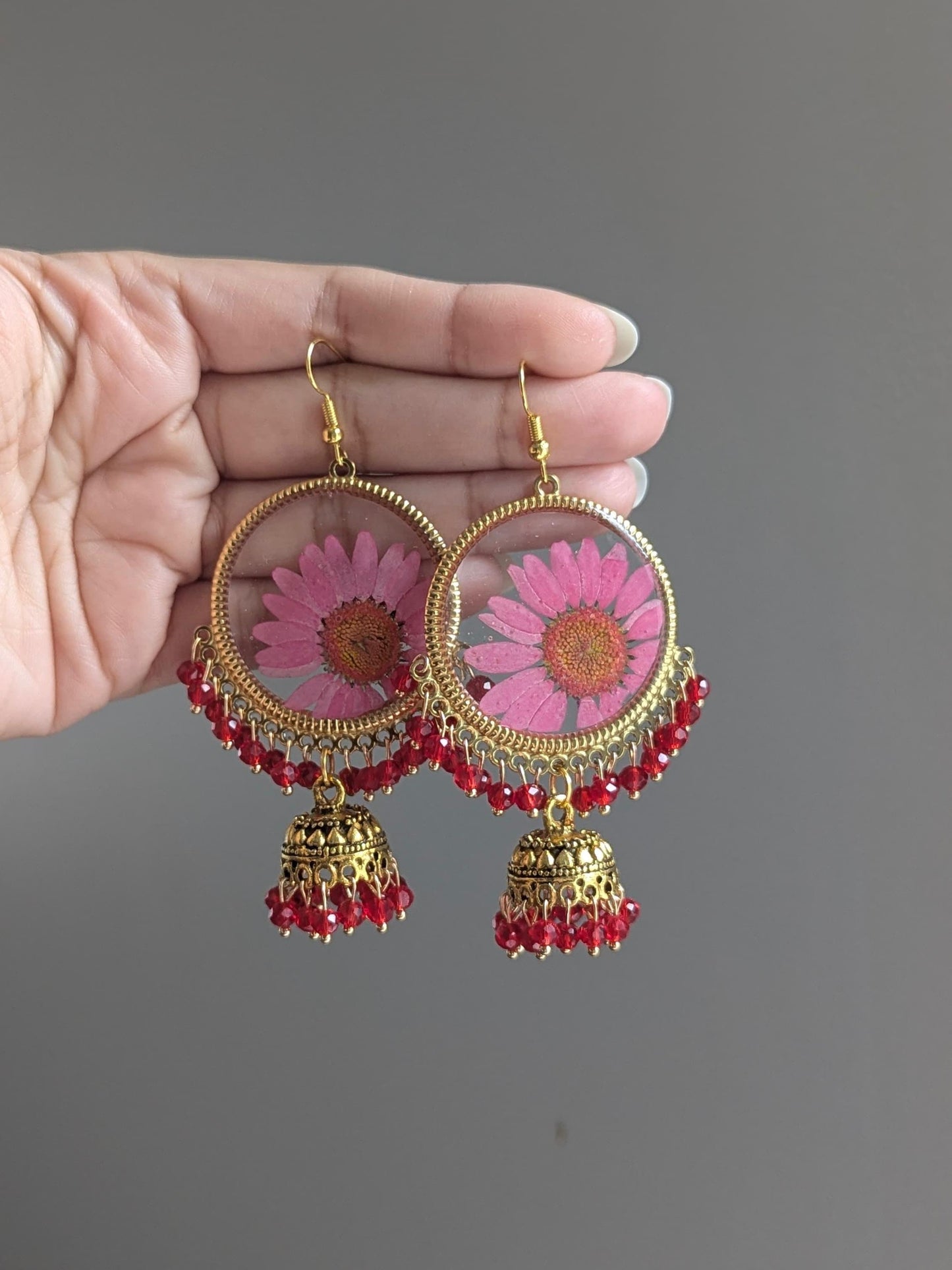Pink and Red real Flowers Jhumkay in Gold