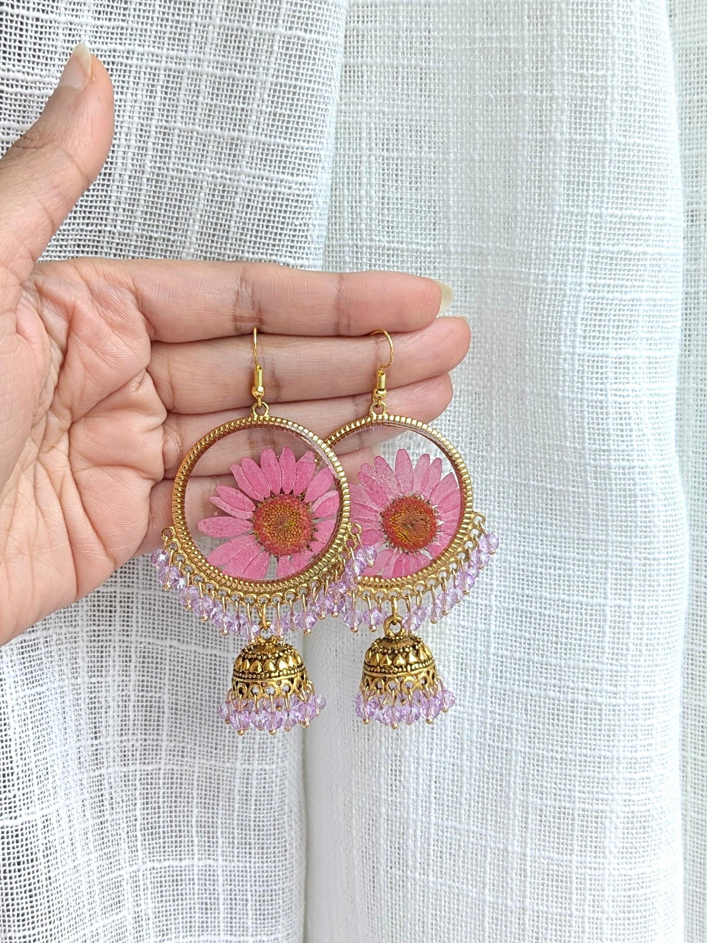 Pink and Purple Real Flowers Jhumkay in Gold