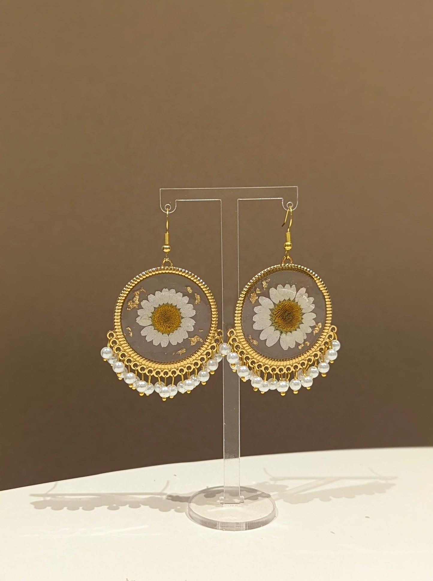 All white floral preserved gold earrings