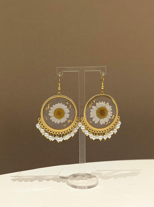All white floral preserved gold earrings