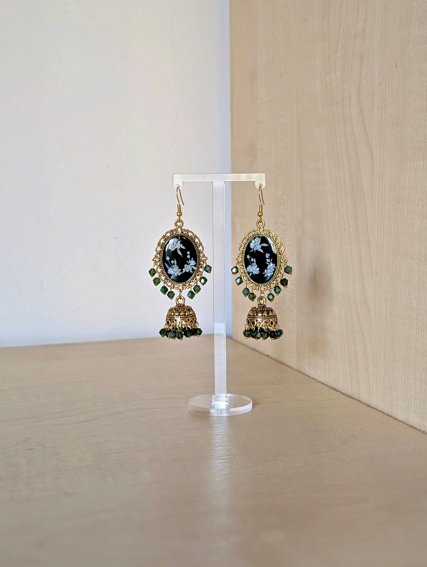 Green floral resin jhumka earrings