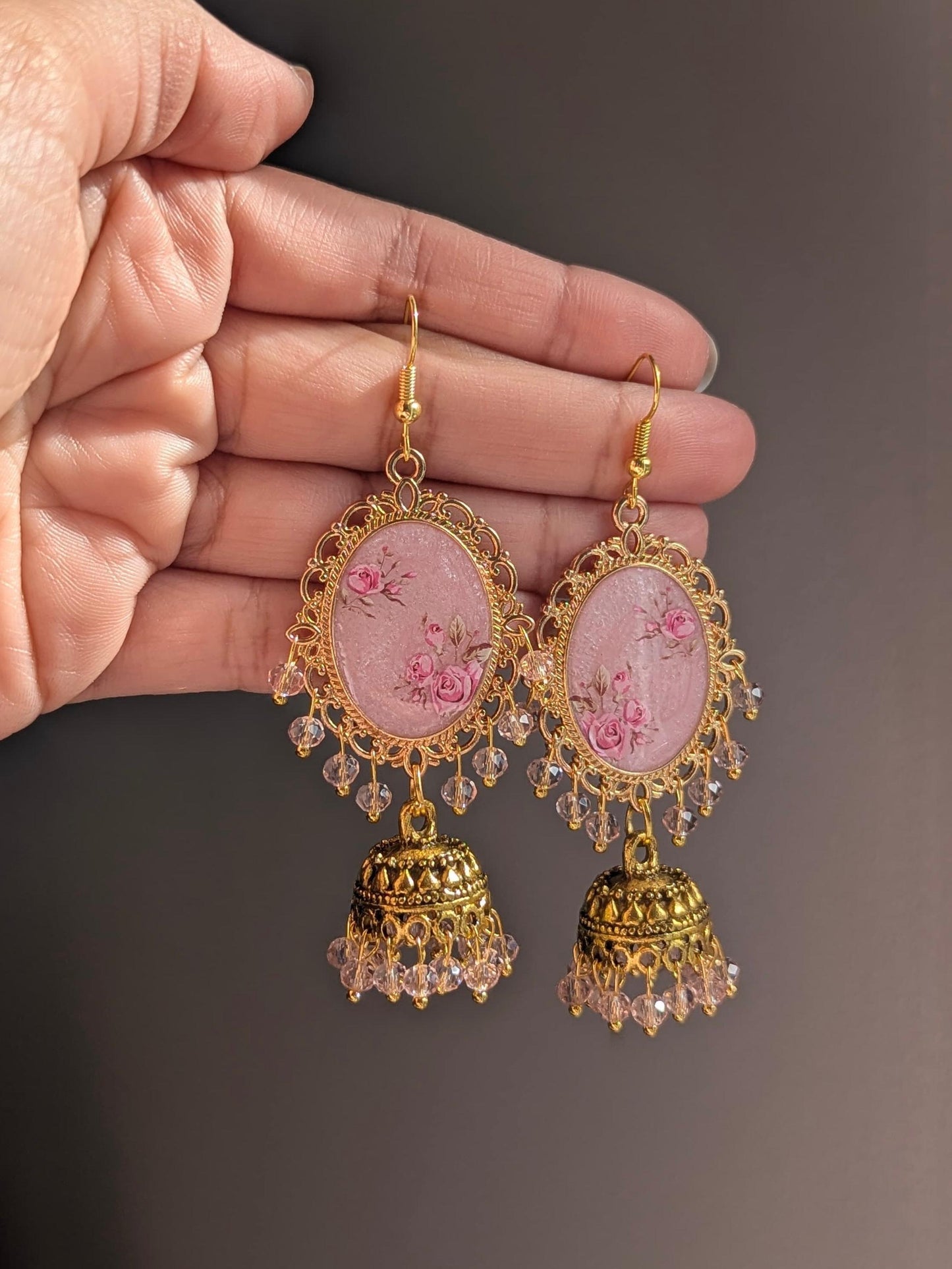 Shimmery Pink Jhumkay in Gold