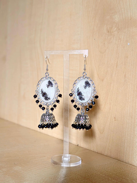 Black and White Silver Jhumka Resin Earrings