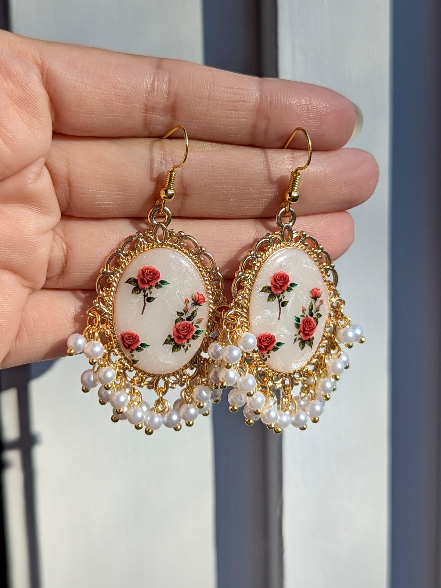 White Pearl Red Roses Earrings