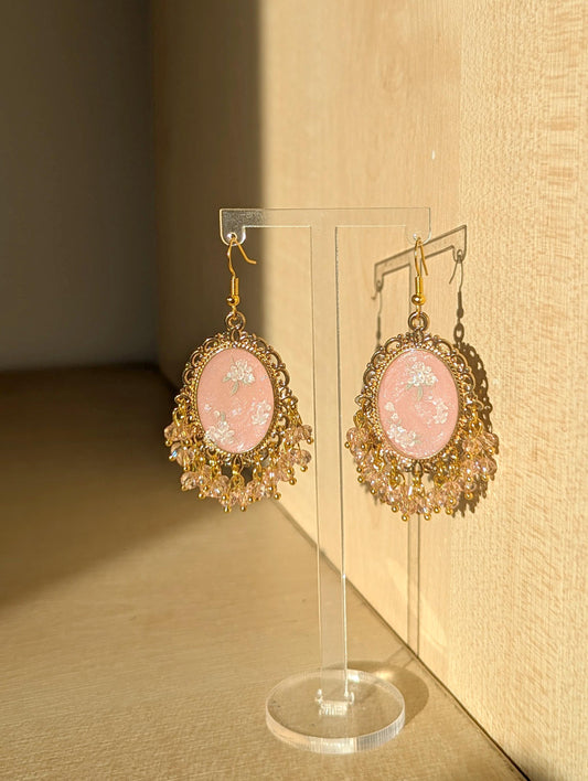 Peach Pink floral resin earrings in gold
