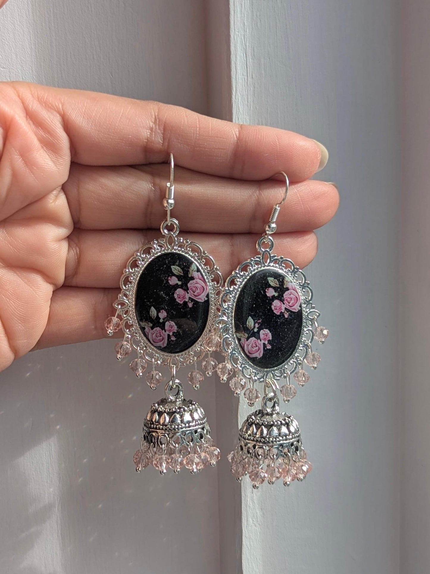 Black and Pink Jhumka Earrings in Silver