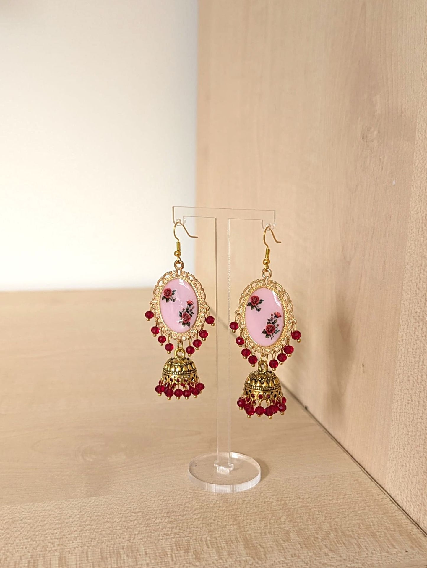 Pink and Red Roses Jhumka Earrings