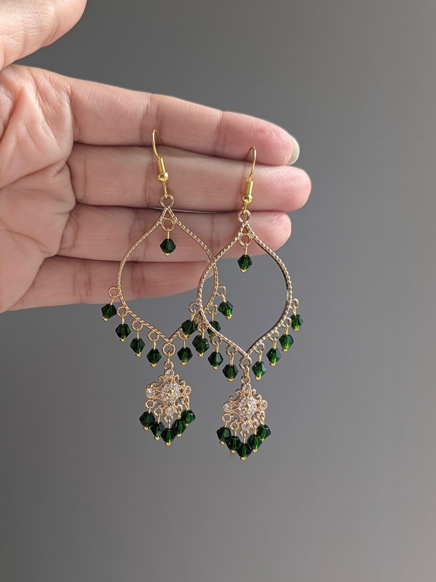 Green Dainty Drop Earrings in Gold