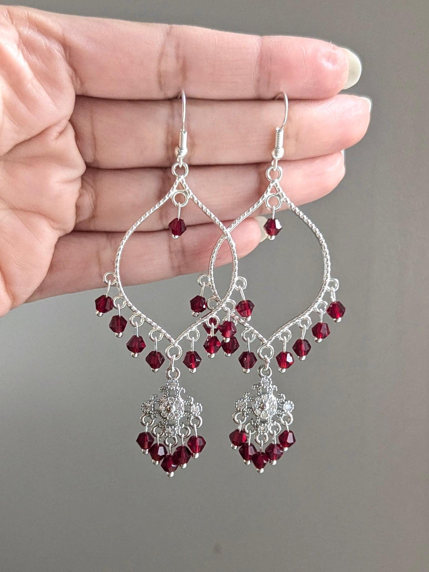 Maroon Dainty Drop Earrings in Silver