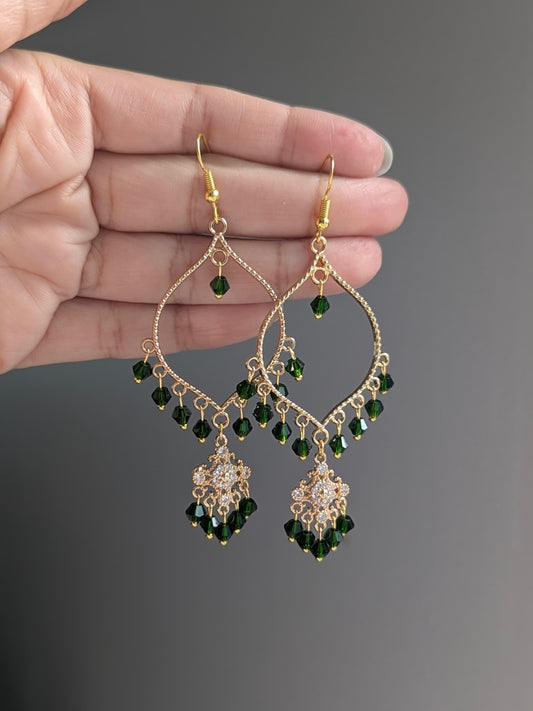 Green Dainty Drop Earrings in Gold