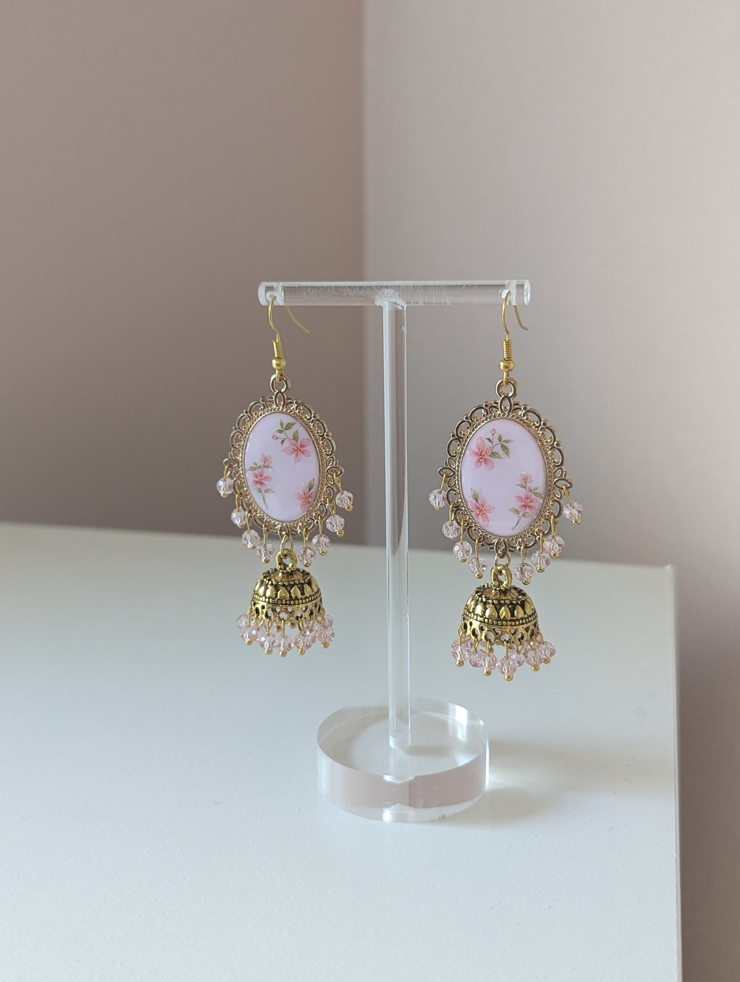 Pink floral jhumka drop earrings in gold