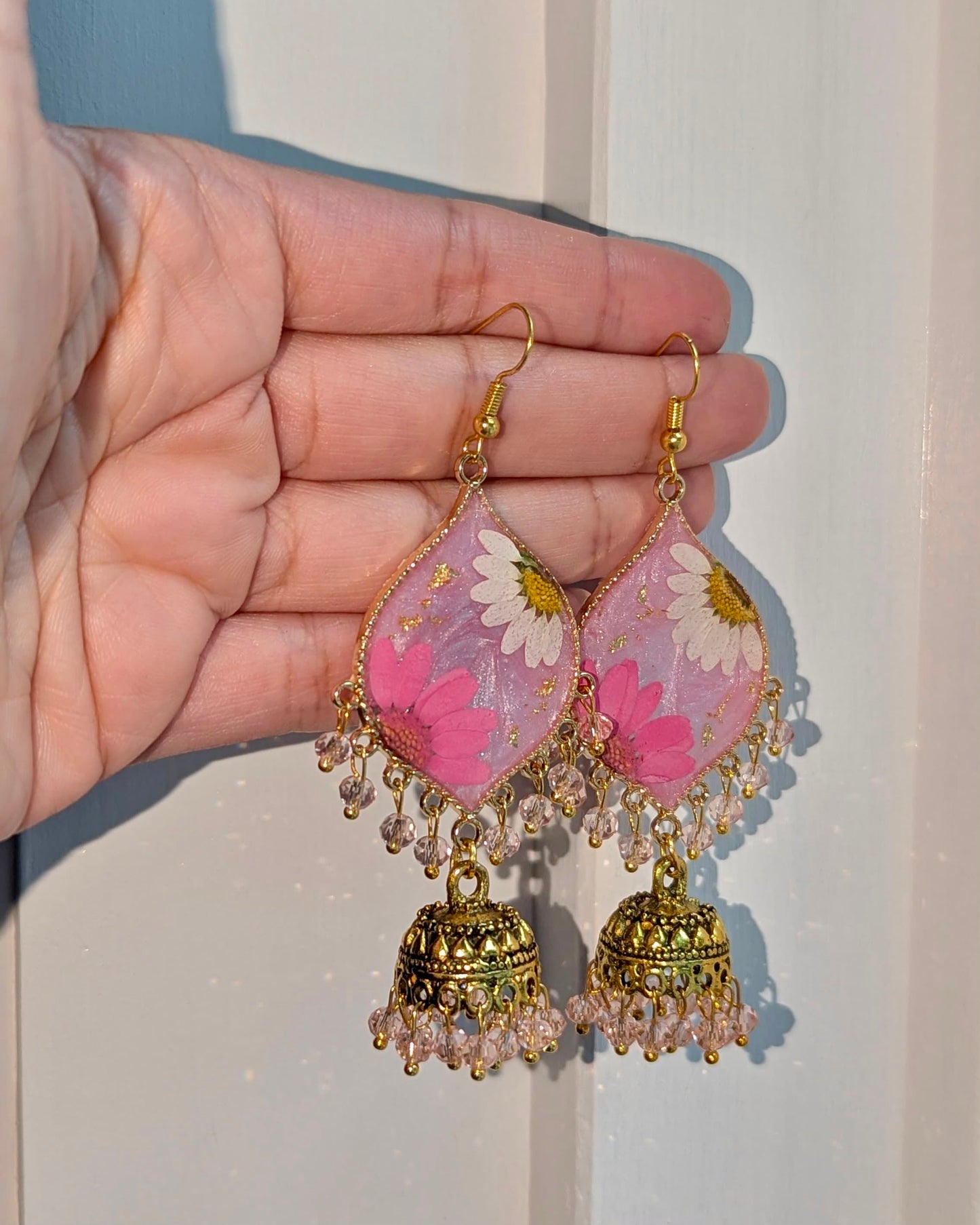 Shimmery Pink and White Floral Jhumkay
