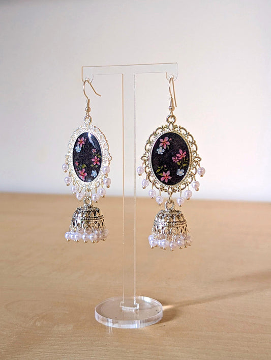 Multicolor Black Floral Resin Jhumka Earrings
