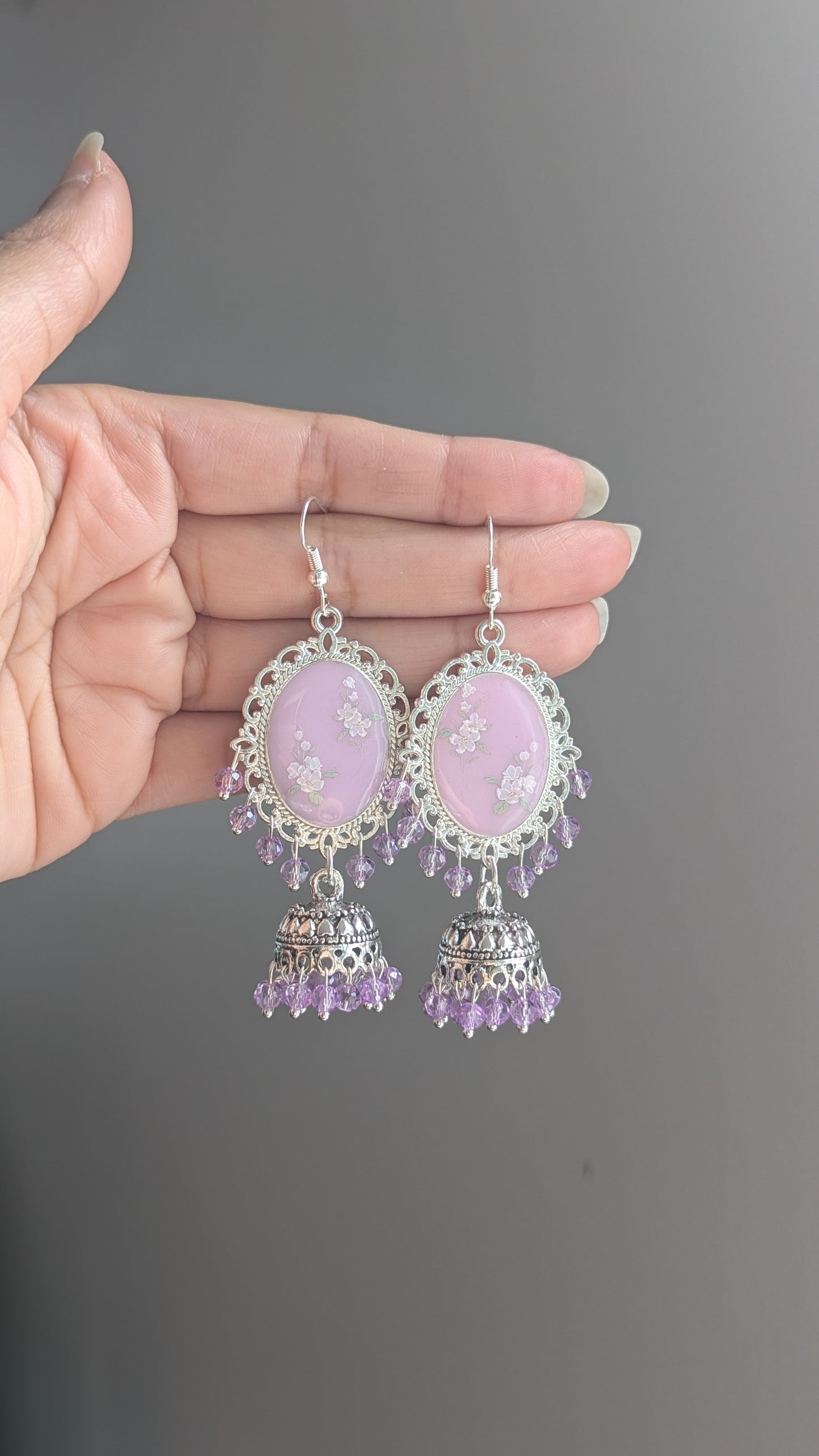 Purple White Flower Jhumka Earrings in Silver
