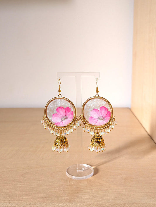 Pink Floral White Crystal Jhumka Earrings