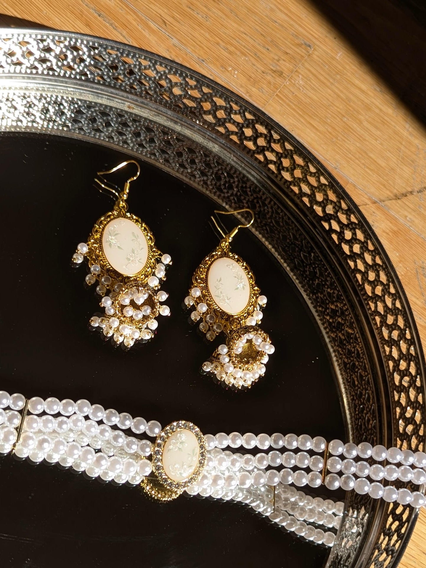 White Floral Jhumka and Choker Set