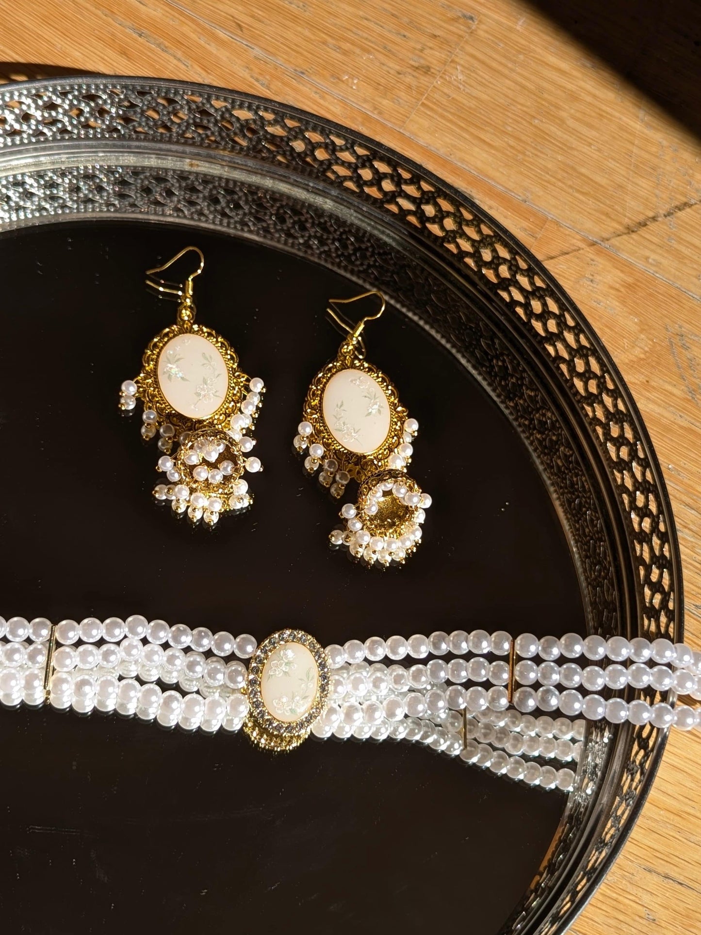 White Floral Jhumka and Choker Set