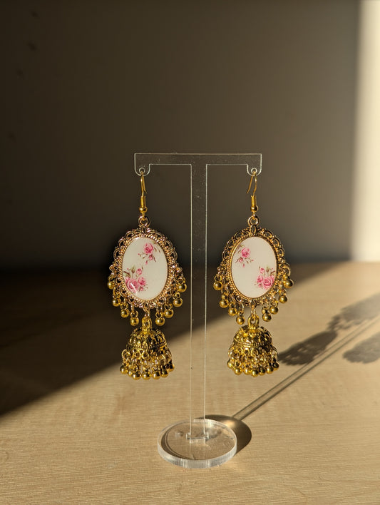Gold Pink and White Floral Jhumka Earrings