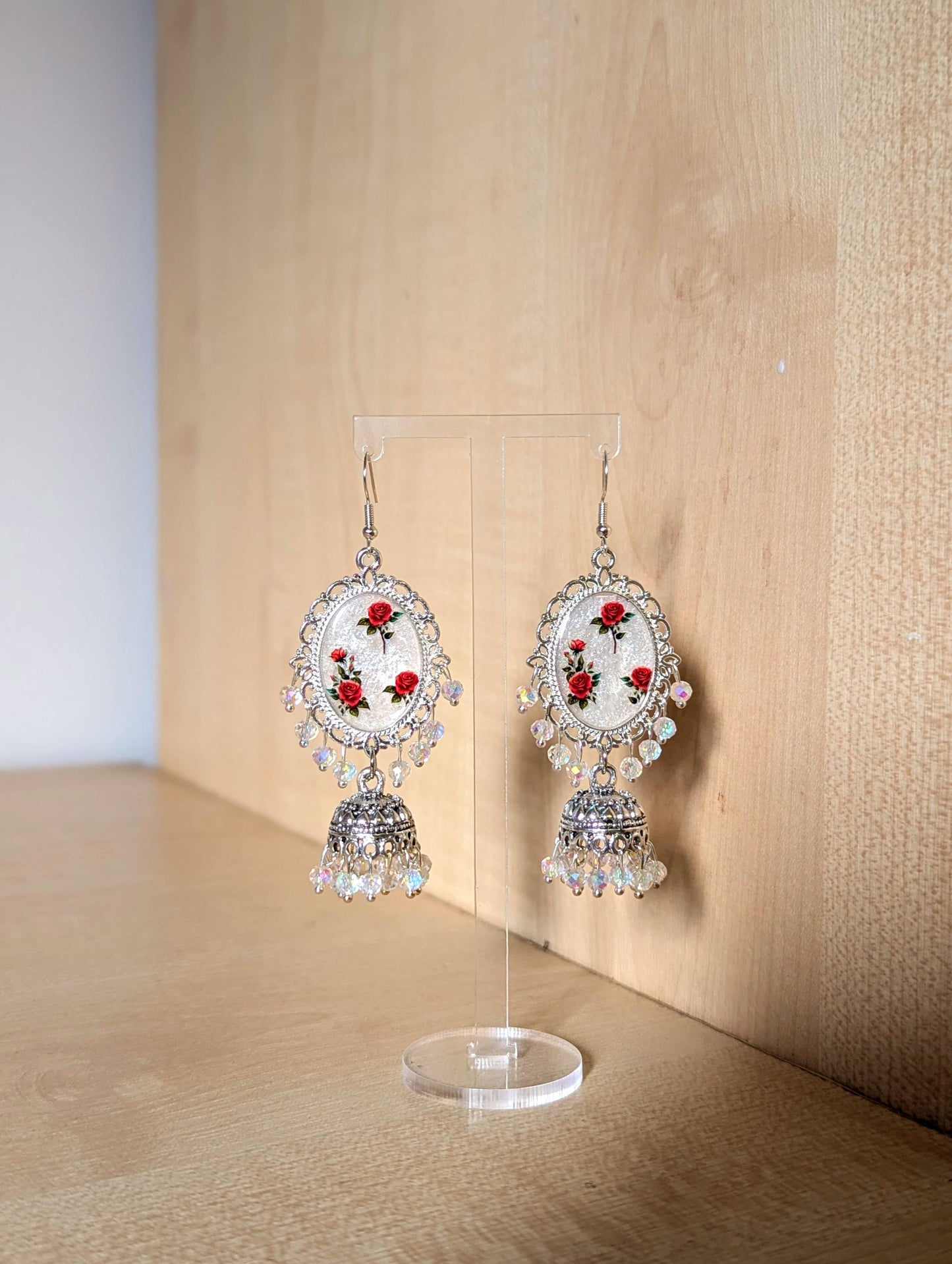 Red Roses on White Jhumka Earrings