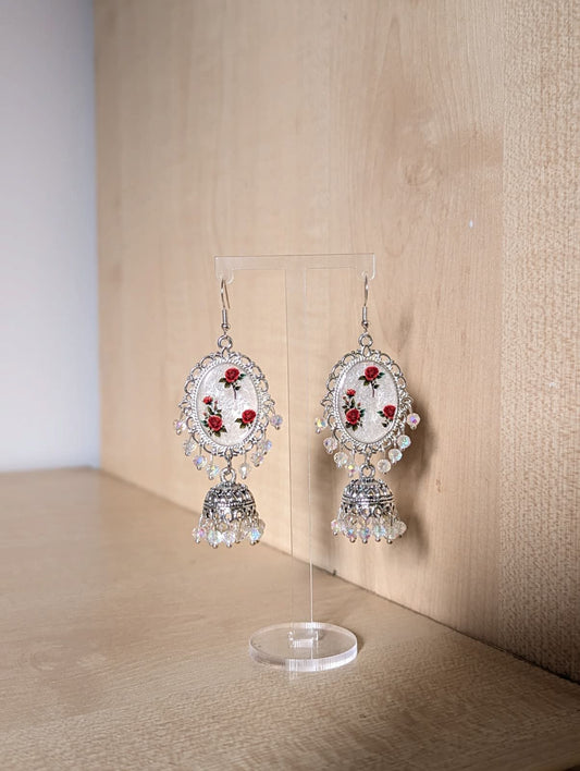 Red Roses on White Jhumka Earrings