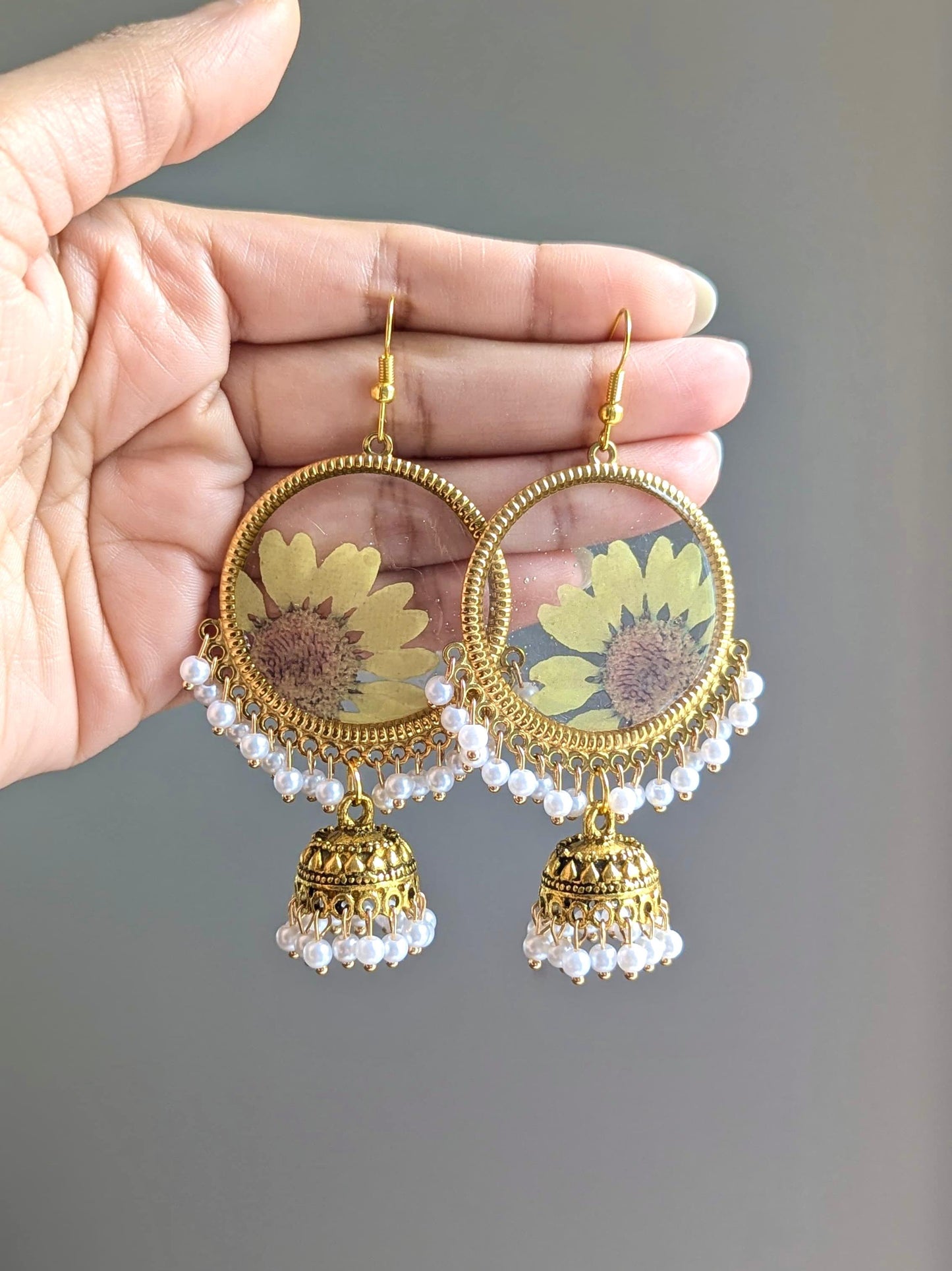 Yellow floral Jhumkay in Gold