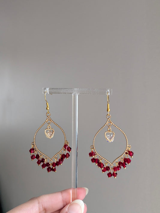 Maroon Heart Earrings in Gold