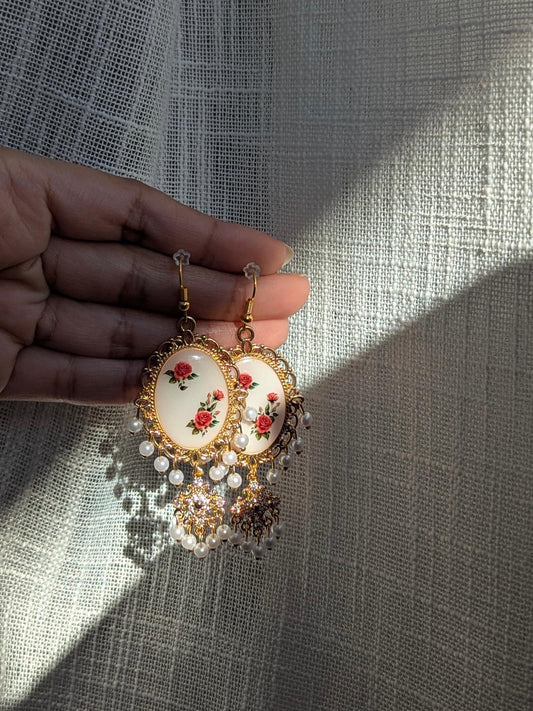 Red roses white dainty drop earrings