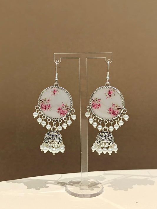 White Pearly Silver Jhumka Earrings