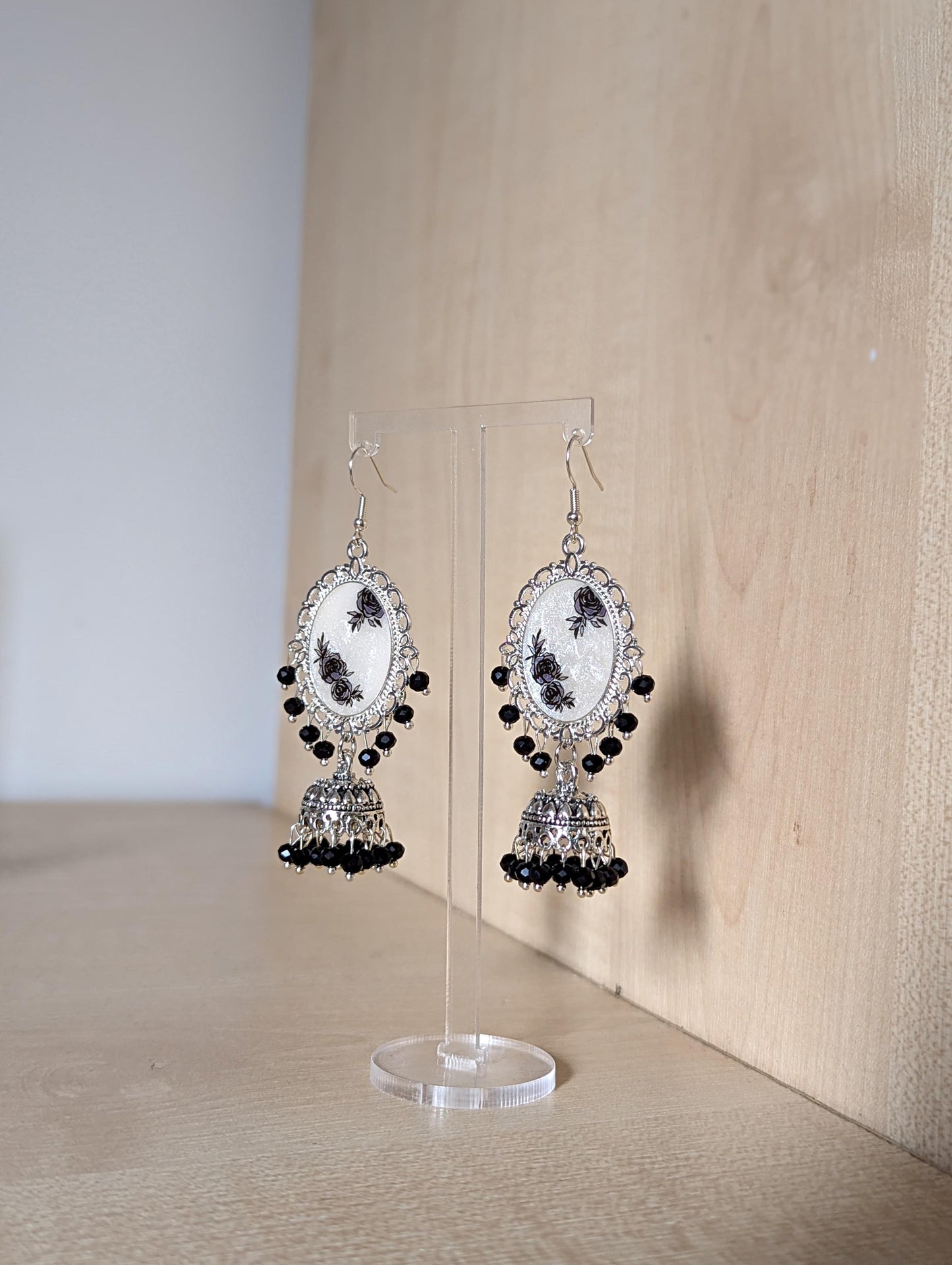Black and White Silver Jhumka Resin Earrings