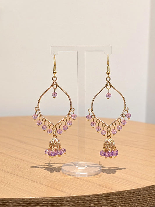 Jhumka drop earrings in gold and purple