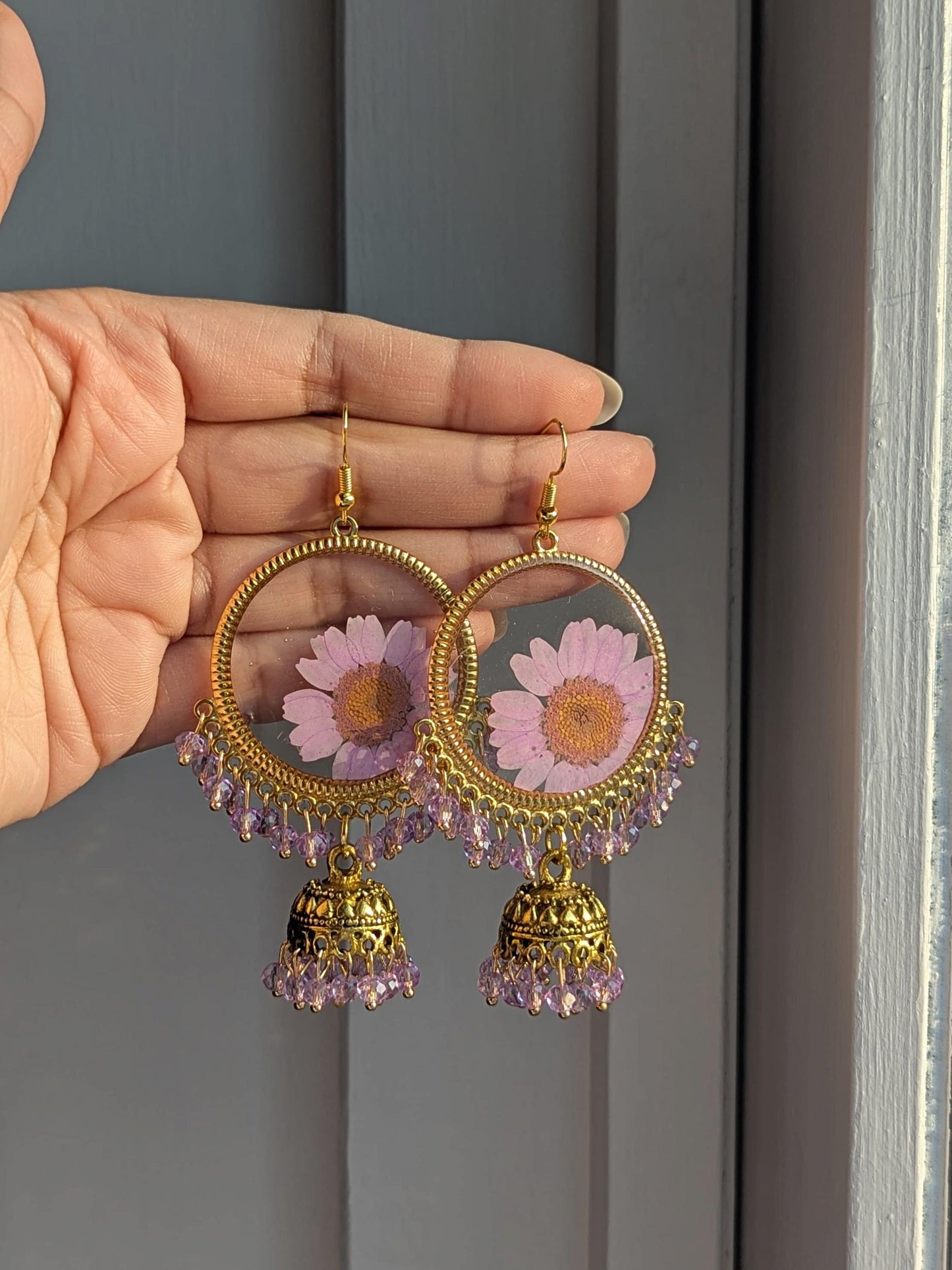 Purple Real Flowers Jhumkay in Gold
