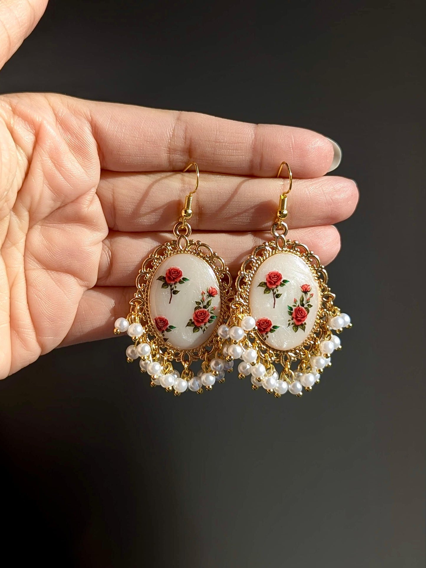 White Pearl Red Roses Earrings