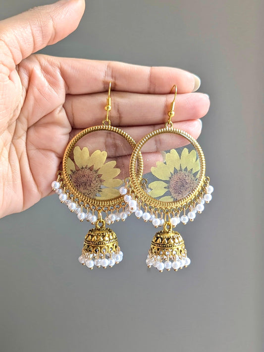 Yellow floral Jhumkay in Gold