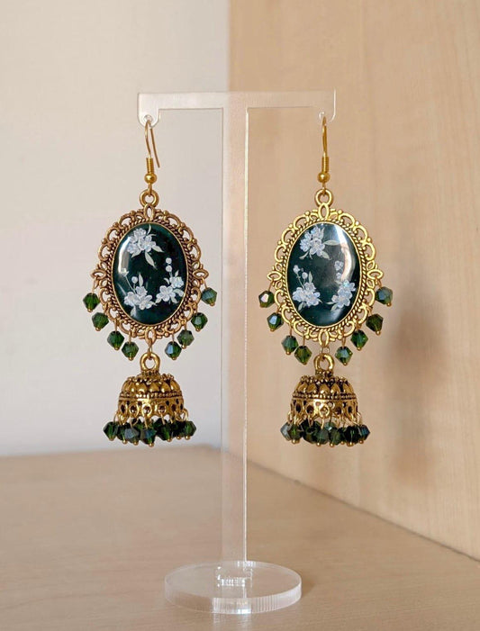 Green floral resin jhumka earrings