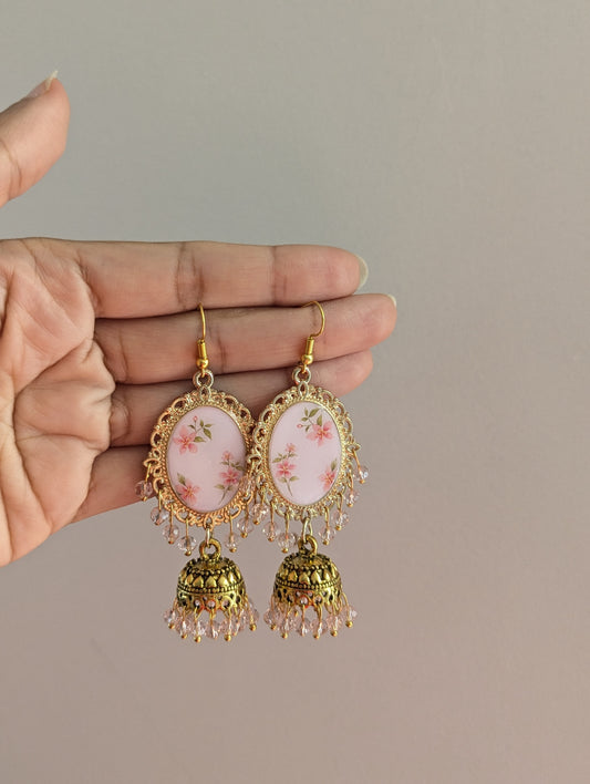 Pink floral jhumka drop earrings in gold