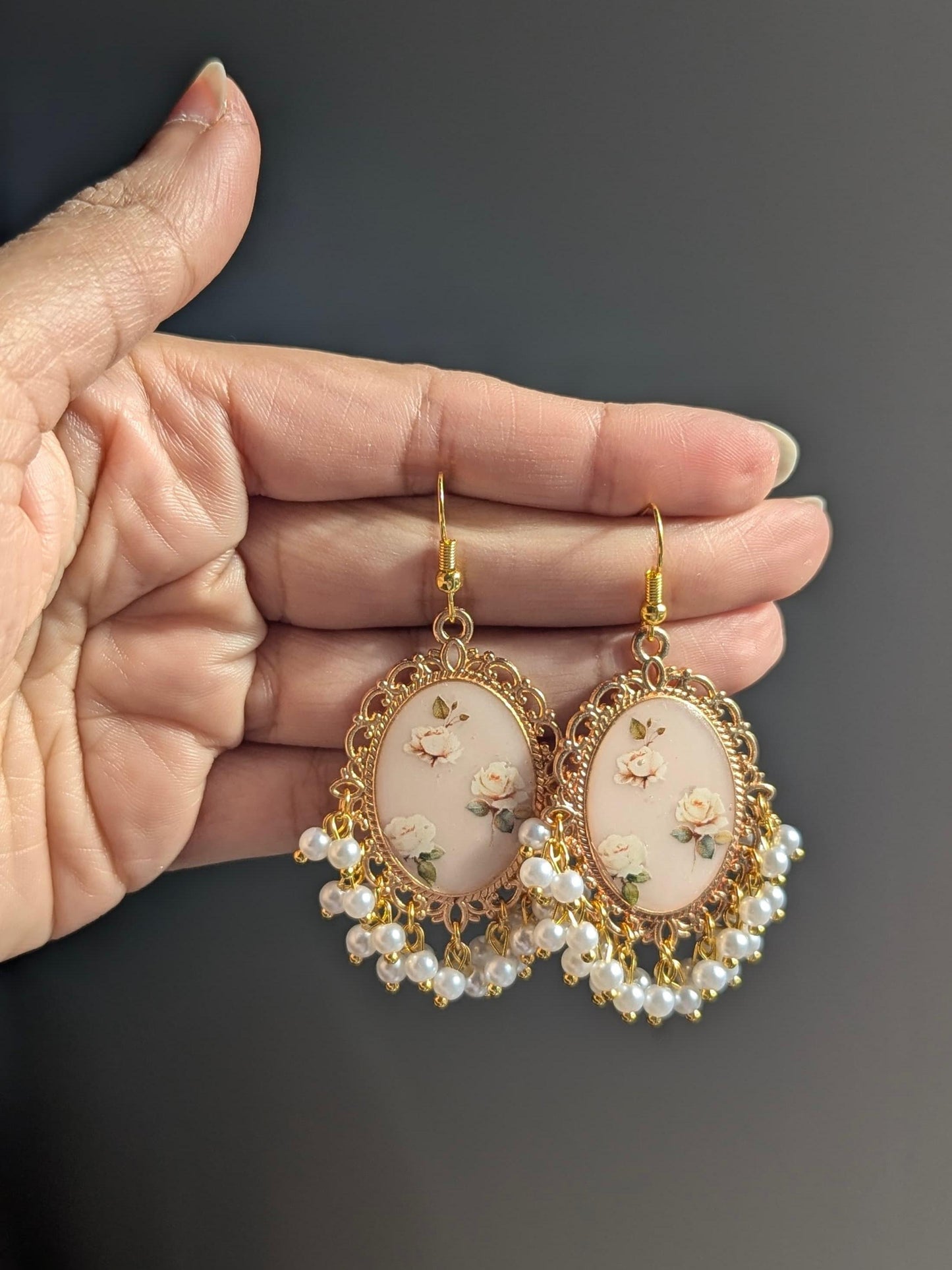 White Pearl Beige Floral Earrings